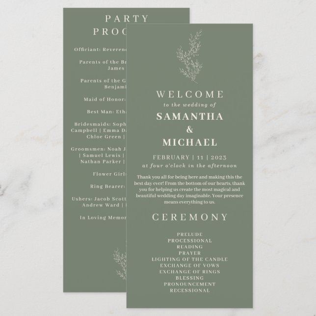 Programme de mariage aux fleurs de lierre vert sau (Devant / Derrière)