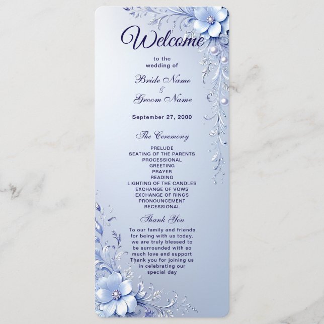 Programme de mariage aux fleurs ornées bleues avec (Devant)