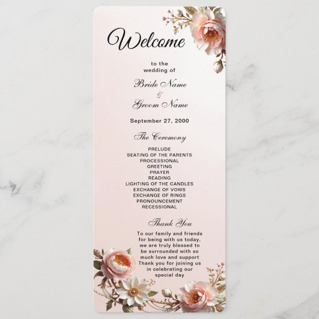 Programme de mariage aux fleurs roses et blanches  (Devant)