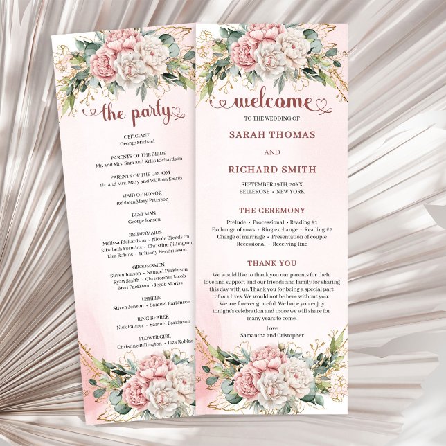 Programme de mariage aux fleurs roses poussiéreuse (Modern Dusty Pink Flowers Greenery Wedding Program)