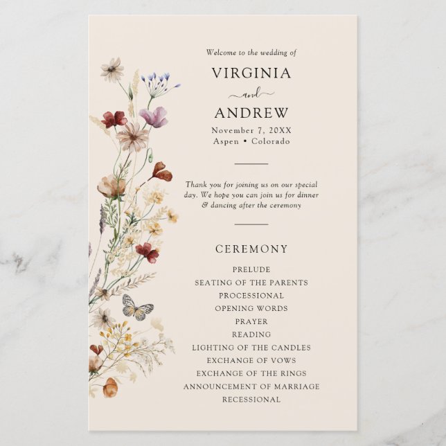 Programme de mariage aux fleurs sauvages Boho (Devant)