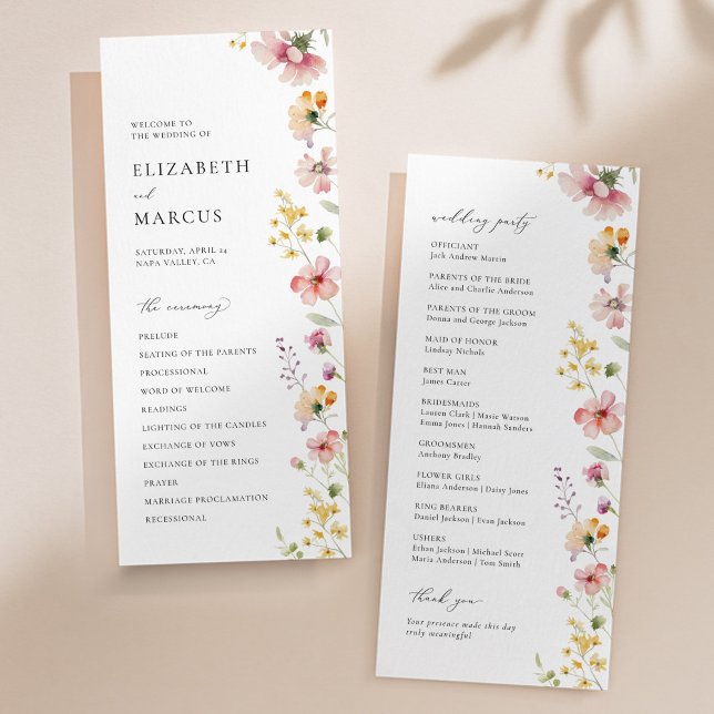 Programme de mariage aux fleurs sauvages de Boho M (Boho meadow wildflower wedding program with pastel florals and elegant serif typography)