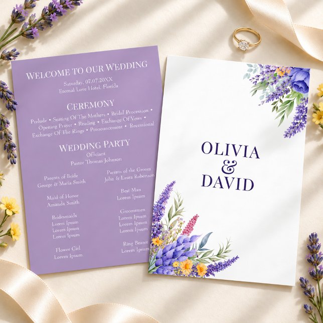 Programme de mariage aux fleurs sauvages jaune lav (Boho Lilac Watercolor Wildflower Wedding Program)