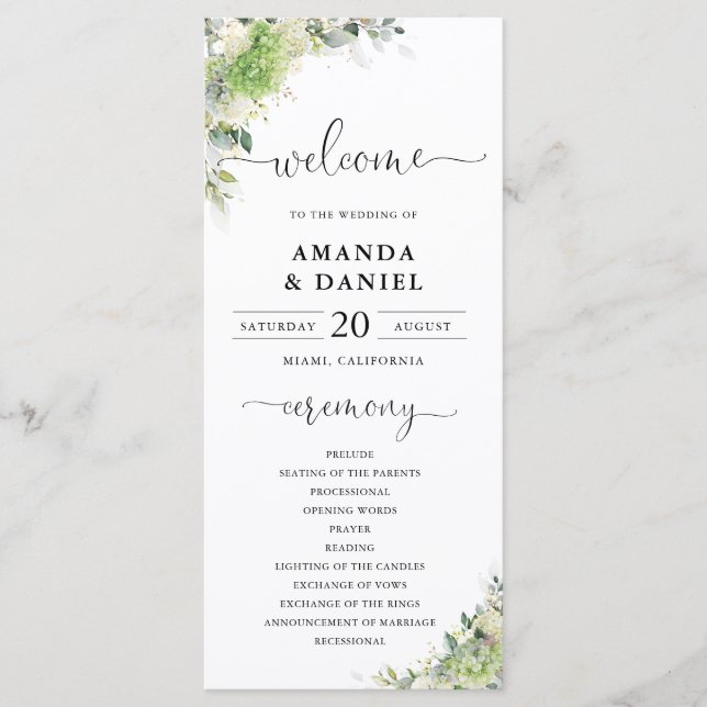 Programme de Mariage aux Hortensias Verts (Devant)