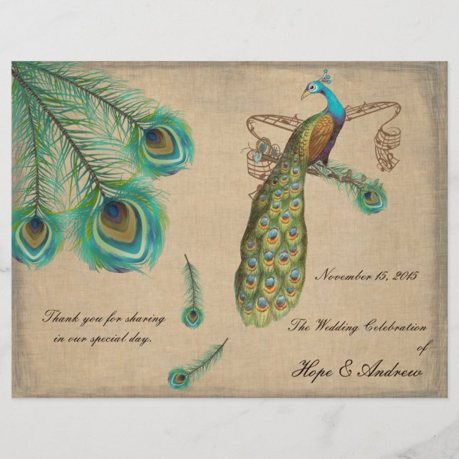 Programme de mariage aux plumes de paon bords brûl (Devant)