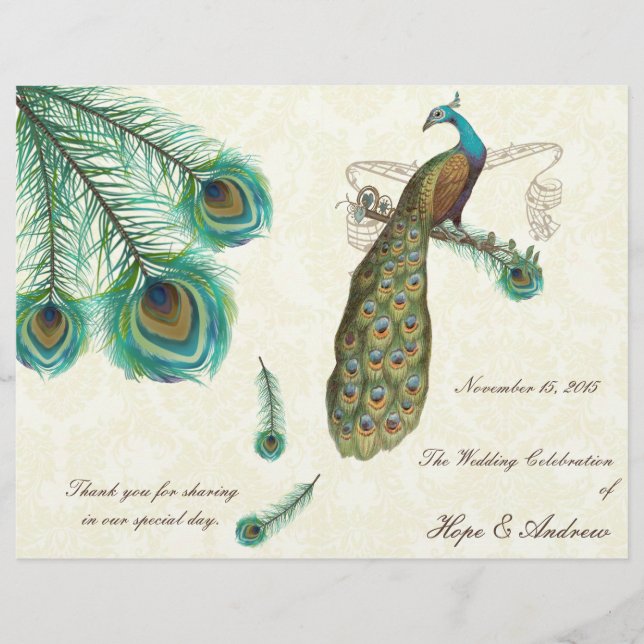Programme de mariage aux plumes de paon sur damas (Devant)