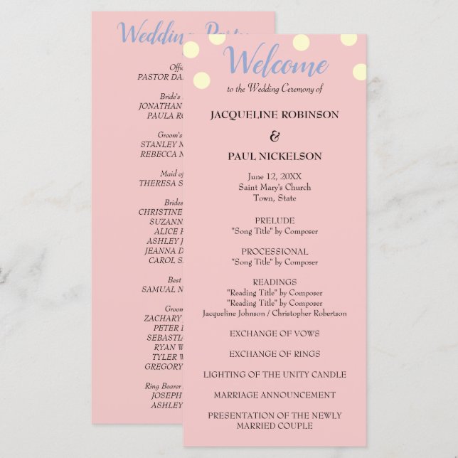 Programme de mariage aux pois bleus et roses crème (Devant / Derrière)