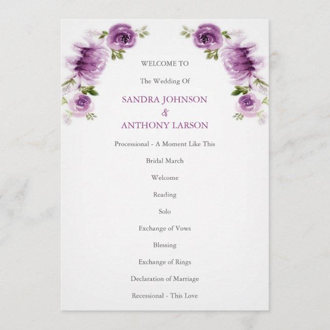 Programme de mariage aux roses fuchsia et pivoines (Devant)