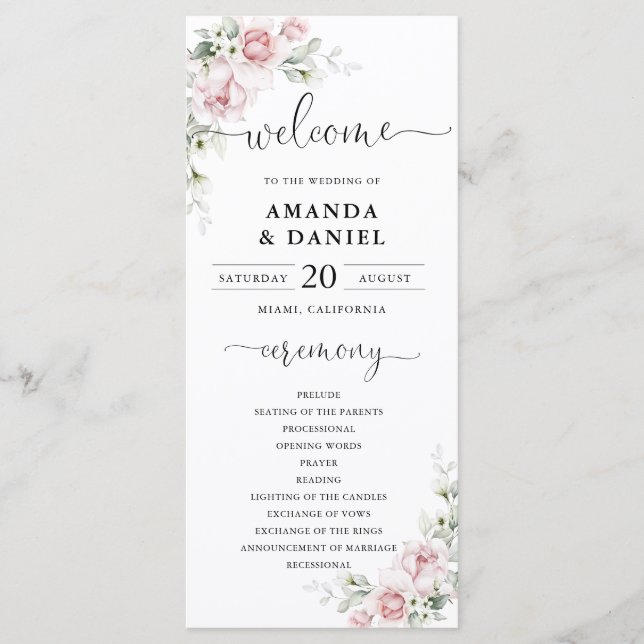 Programme de mariage aux roses roses blush (Devant)