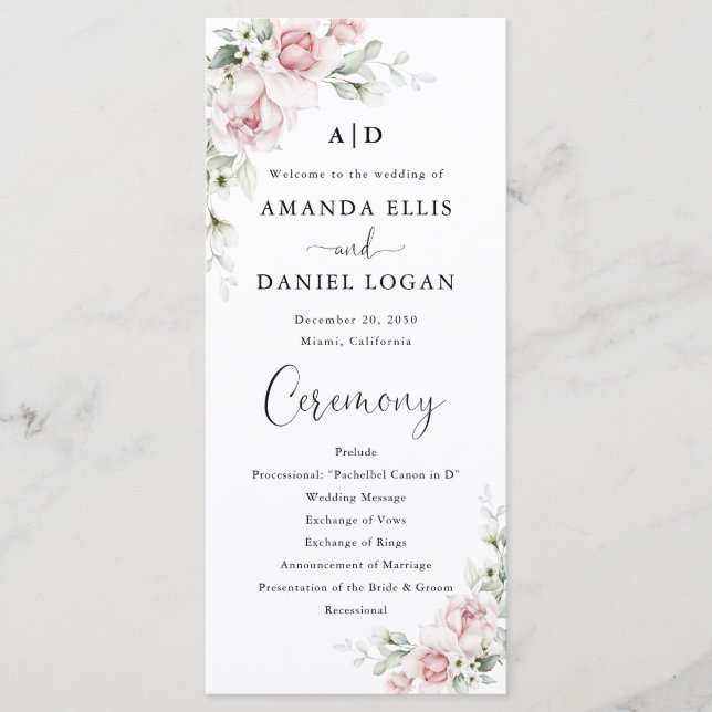 Programme de mariage aux roses roses blush (Devant)