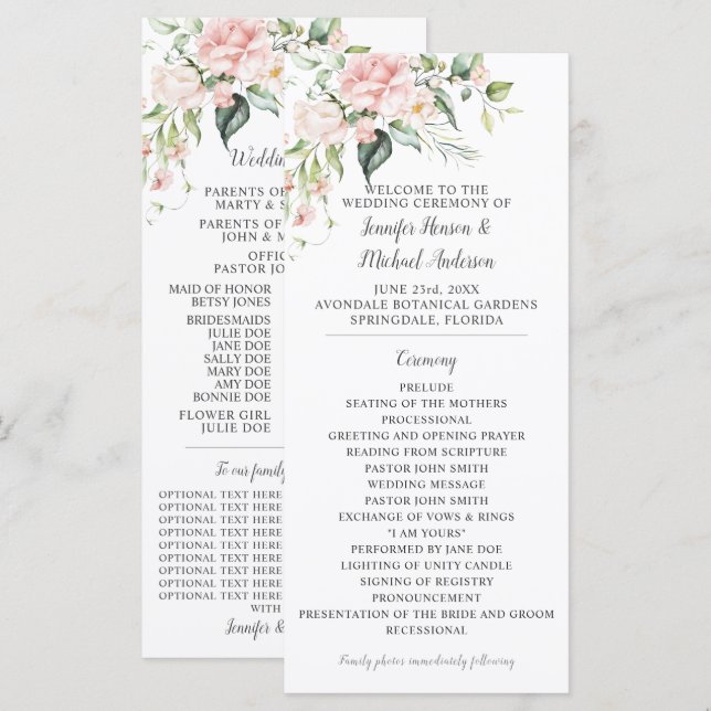 Programme de mariage aux roses roses eucalyptus et (Devant / Derrière)