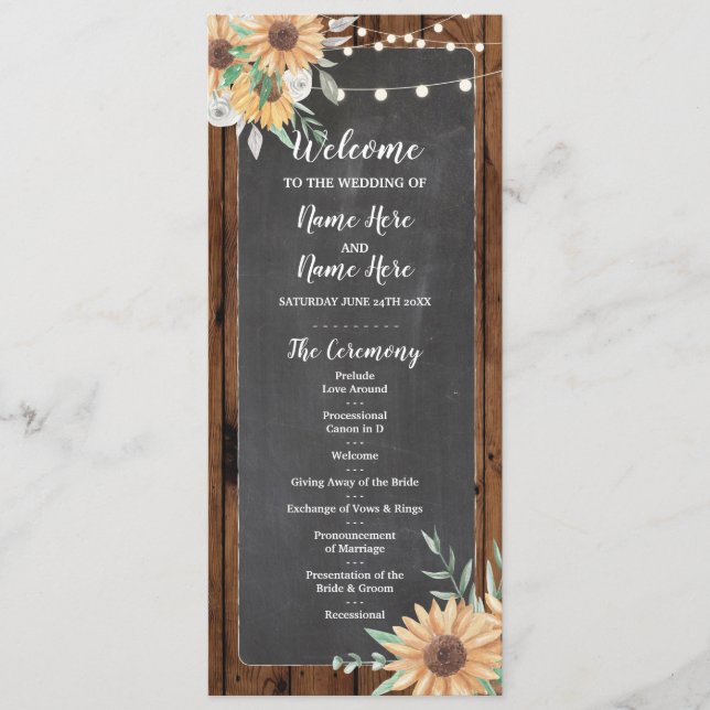 Programme de mariage aux tournesols en bois rustiq (Devant)