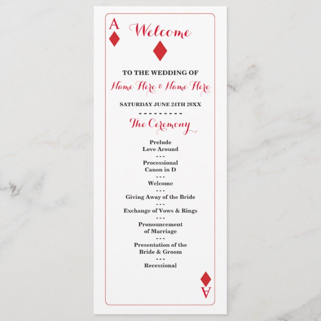 Programme de mariage avec cartes à jouer Casino Di (Devant)