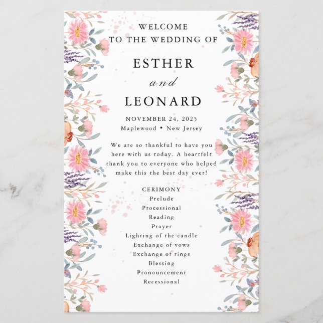 Programme de mariage avec des fleurs sauvages prin (Devant)