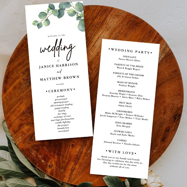 Programme de mariage avec feuillage d'eucalyptus r (Eucalyptus greenery wedding program guides your ceremony with rustic charm and clear flow.)
