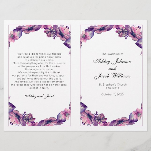 Programme de mariage avec fleurs. Cérémonie d'égli (Devant)