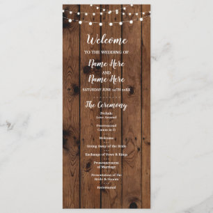Programme de mariage avec lumières rustiques en bo