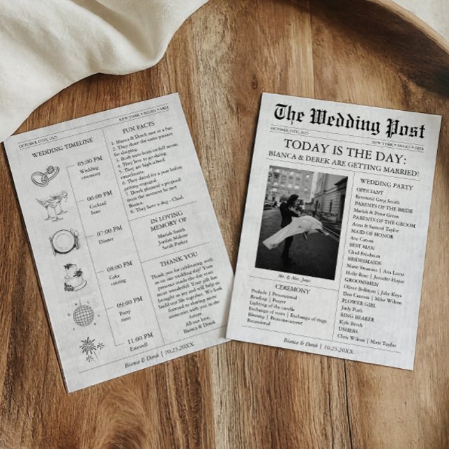 Programme de Mariage avec Photographie de Journal  (Newspaper Wedding Invitation with Timeline, Wedding Party)