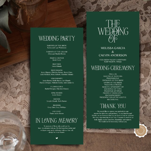 Programme de mariage avec typographie émeraude de  (Elegant Forest Emerald Typography Modern Romantic Wedding Program Card)