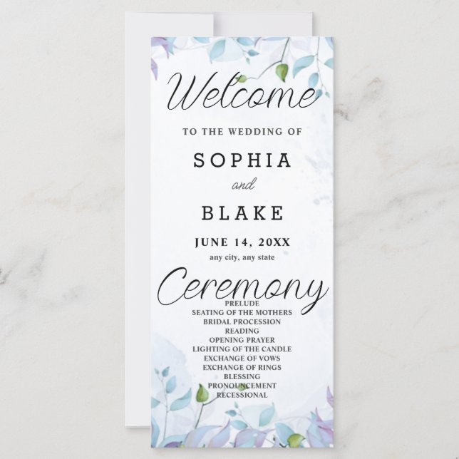 Programme de mariage blanc aux feuilles bleues et  (Devant)