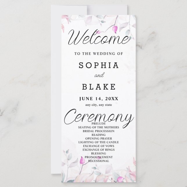 Programme de mariage blanc Feuille rose et vert (Devant)