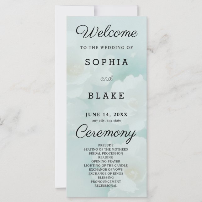 Programme de mariage blanc floral et vert clair (Devant)