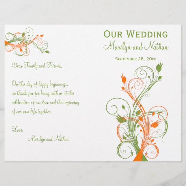 Programme de mariage | Blanc orange vert| Floral (Devant)