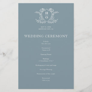 Programme de mariage bleu à monogramme floral blas