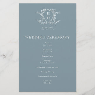 Programme de mariage bleu à monogramme floral blas