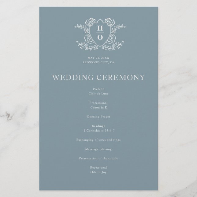 Programme de mariage bleu à monogramme floral blas (Devant)