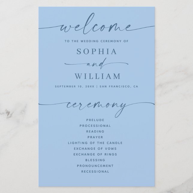 Programme de mariage bleu ciel pastel | Cérémonie  (Devant)