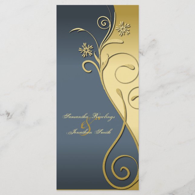 Programme de mariage - Bleu classique et or Floral (Devant)