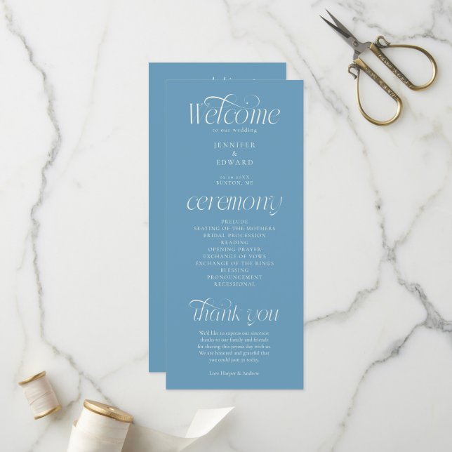 Programme de mariage bleu denim Typographie modern (Devant/Arrière en situation)