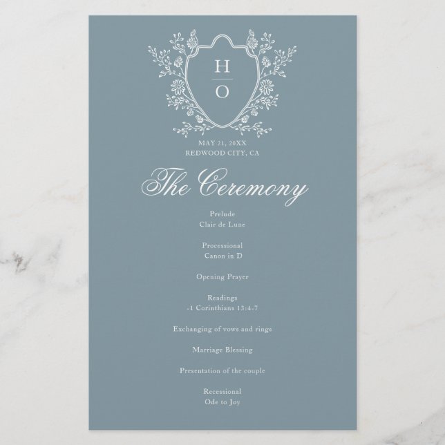 Programme de mariage bleu fantaisiste à crête flor (Devant)