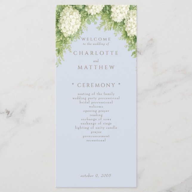 Programme de mariage Bleu Poussiéreux Hydrangeas B (Devant)