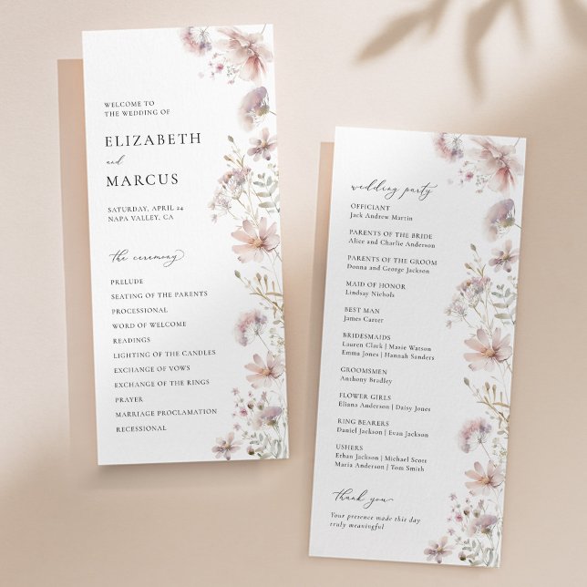 Programme de mariage bohème à fleurs sauvages rose (Blush wildflower wedding program with elegant serif typography and soft floral design)