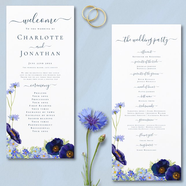 Programme de mariage bohème aux fleurs sauvages bl (Elegant blue wildflower summer floral day of the wedding programme with stylish typography script )