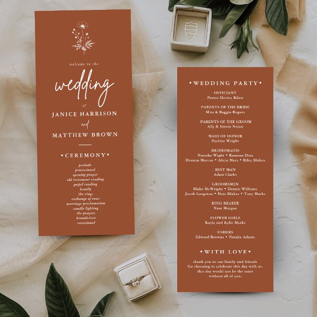 Programme de mariage bohème en terre cuite aux fle (Rustic wildflower terracotta boho wedding program adds warm personalized charm to your ceremony)