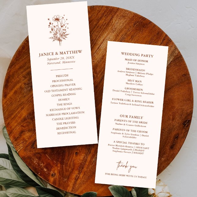 Programme de mariage bohème en terre cuite aux fle (Rustic wildflower terracotta boho wedding program adds warm charm to your ceremony style)