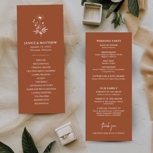 Programme de mariage bohème en terre cuite de fleu (Rustic wildflower terracotta boho wedding program brings warm charm to your ceremony details)