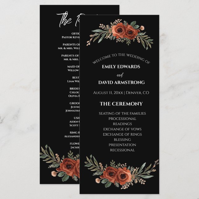 Programme de mariage bohème floral en terre cuite  (Devant / Derrière)