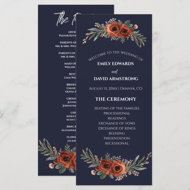 Programme de mariage bohème floral en terre cuite  (Devant / Derrière)