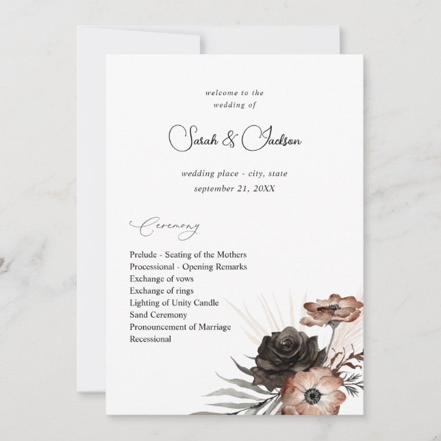 Programme de mariage bohème floral noir et naturel (Devant)
