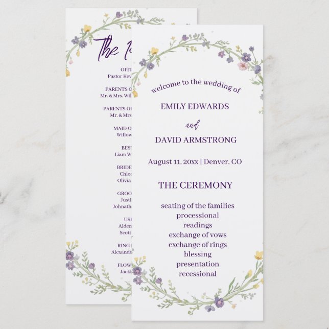 Programme de mariage bohème floral simple moderne (Devant / Derrière)