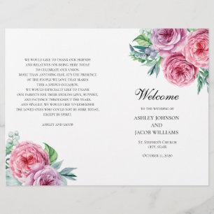 Programme de mariage Boho plié. Fleurs roses d'été