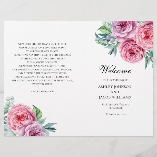 Programme de mariage Boho plié. Fleurs roses d'été (Devant)