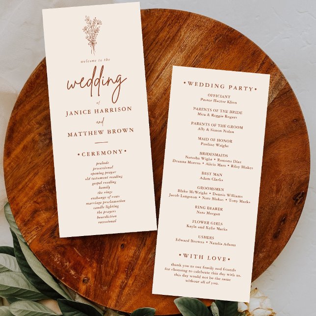 Programme de mariage Boho Terracotta Orange Brûlé (Boho terracotta wedding program guides guests through your day with warm rustic style.)