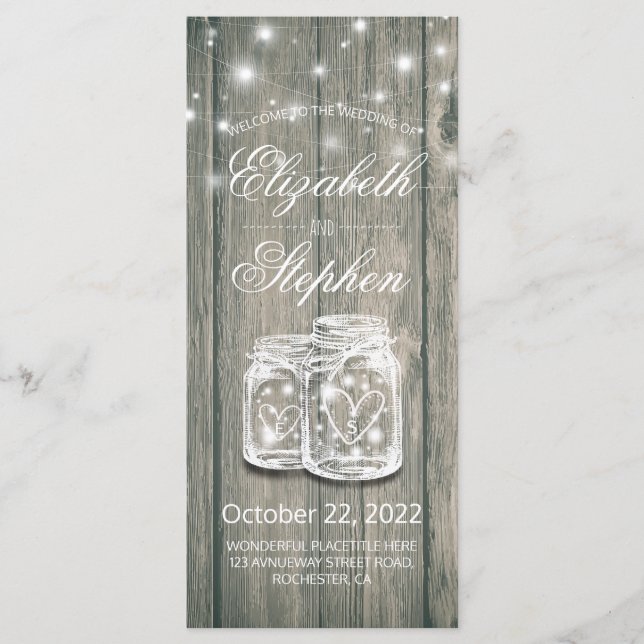 Programme de mariage Bois rustique Mason Jar Strin (Devant)