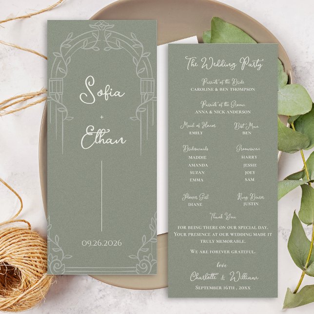 Programme de mariage botanique à arche orné de ver (Elegant Sage Green Ornate Arch Botanical Wedding Program Card)