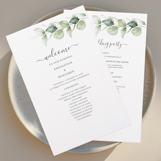 Programme de mariage botanique à feuillage d'eucal (Elegant Eucalyptus Greenery Script Wedding Welcome Program Stationery)